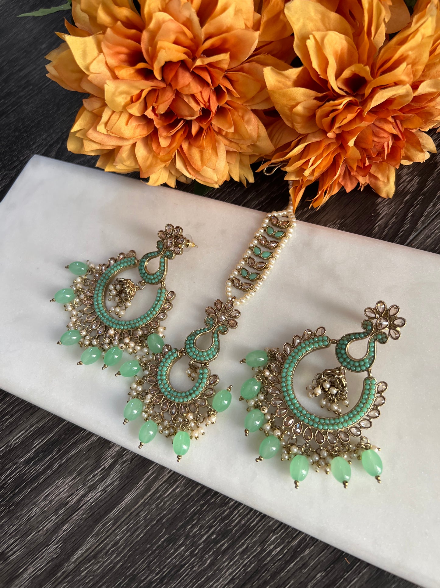 Finest polki earrings and Tikka