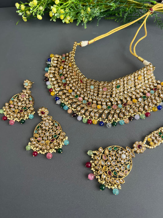 Polki Necklace with Earrings and Tikka