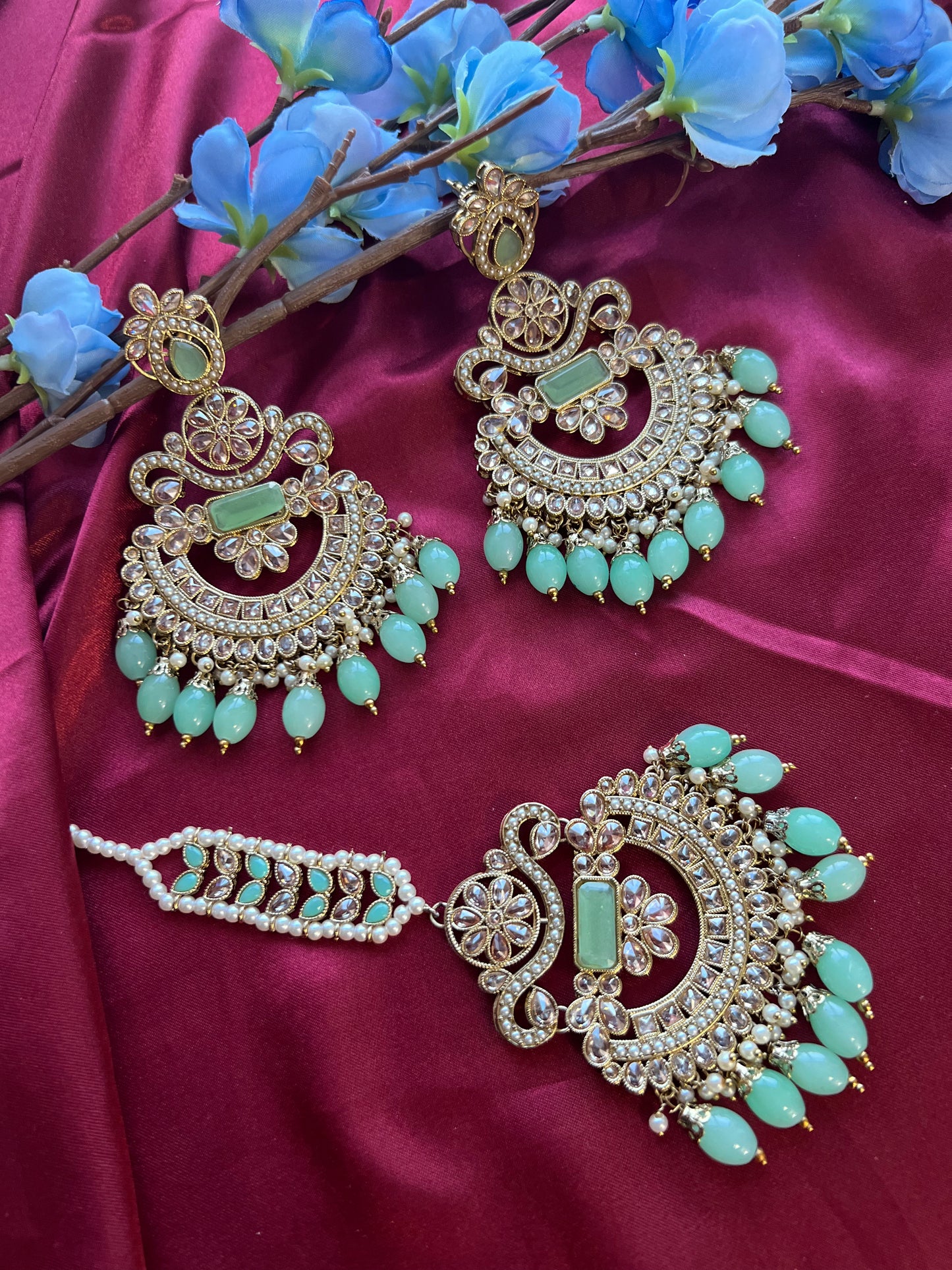Fine Polki Oversized Earrings and Tikka