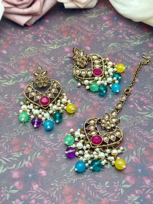 Sunanda Polki Earrings & Tikka