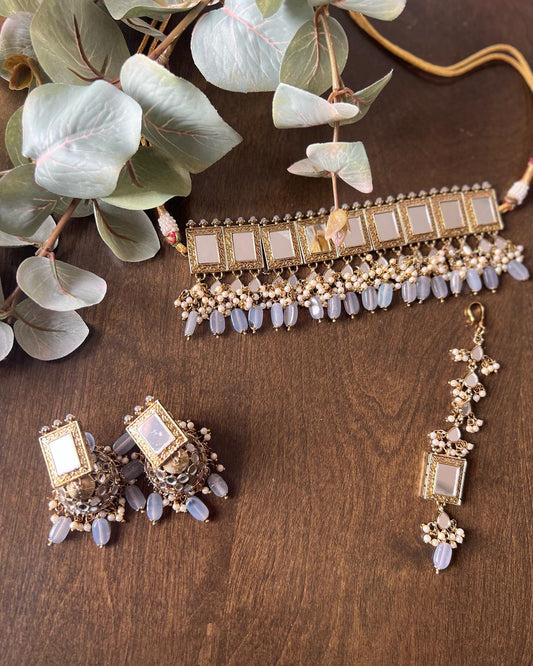 Mirror choker set with Jhumki and Tikka
