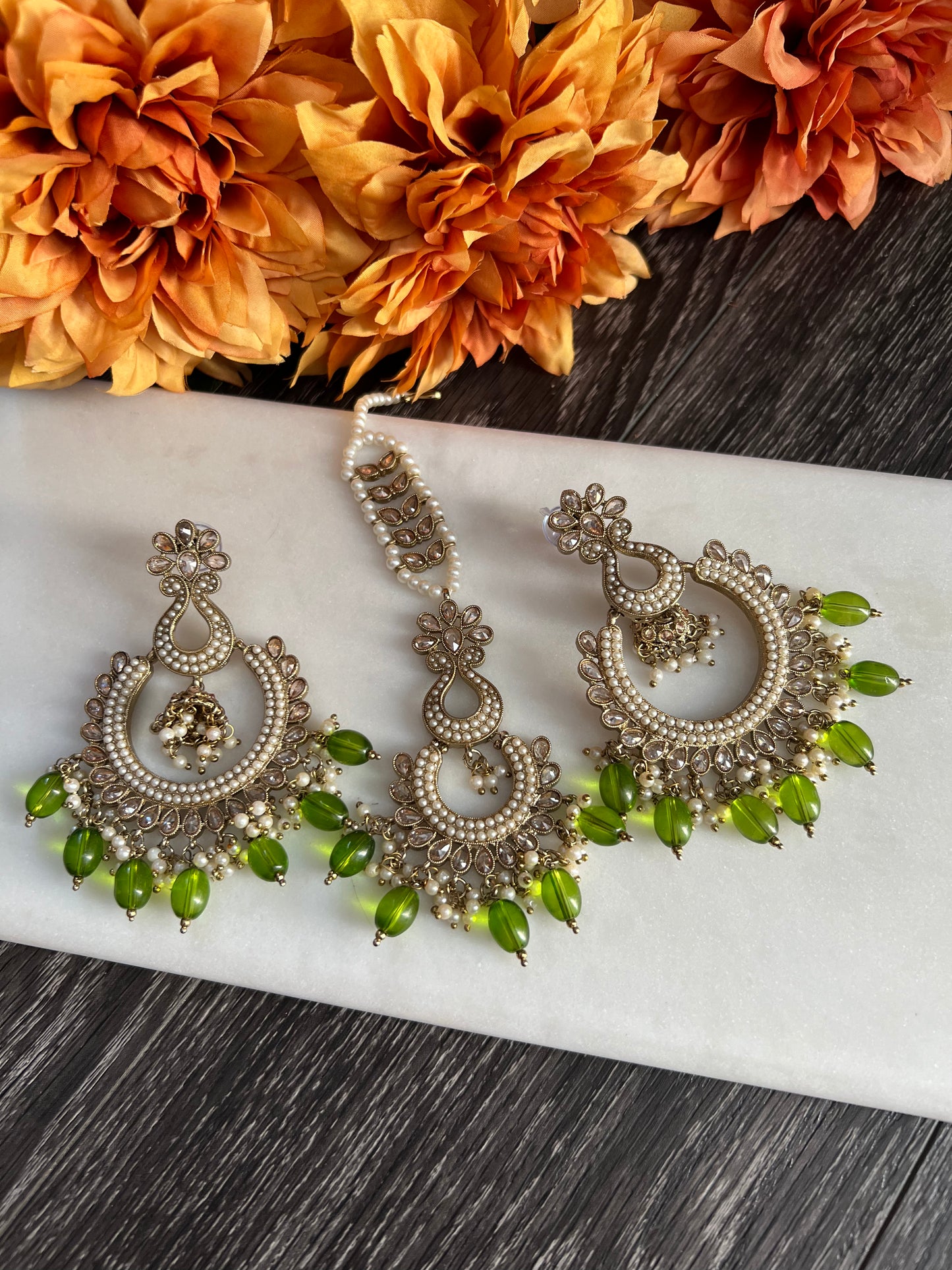 Finest polki earrings and Tikka