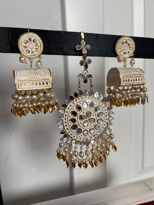 Meena and mirror earrings and Tikka